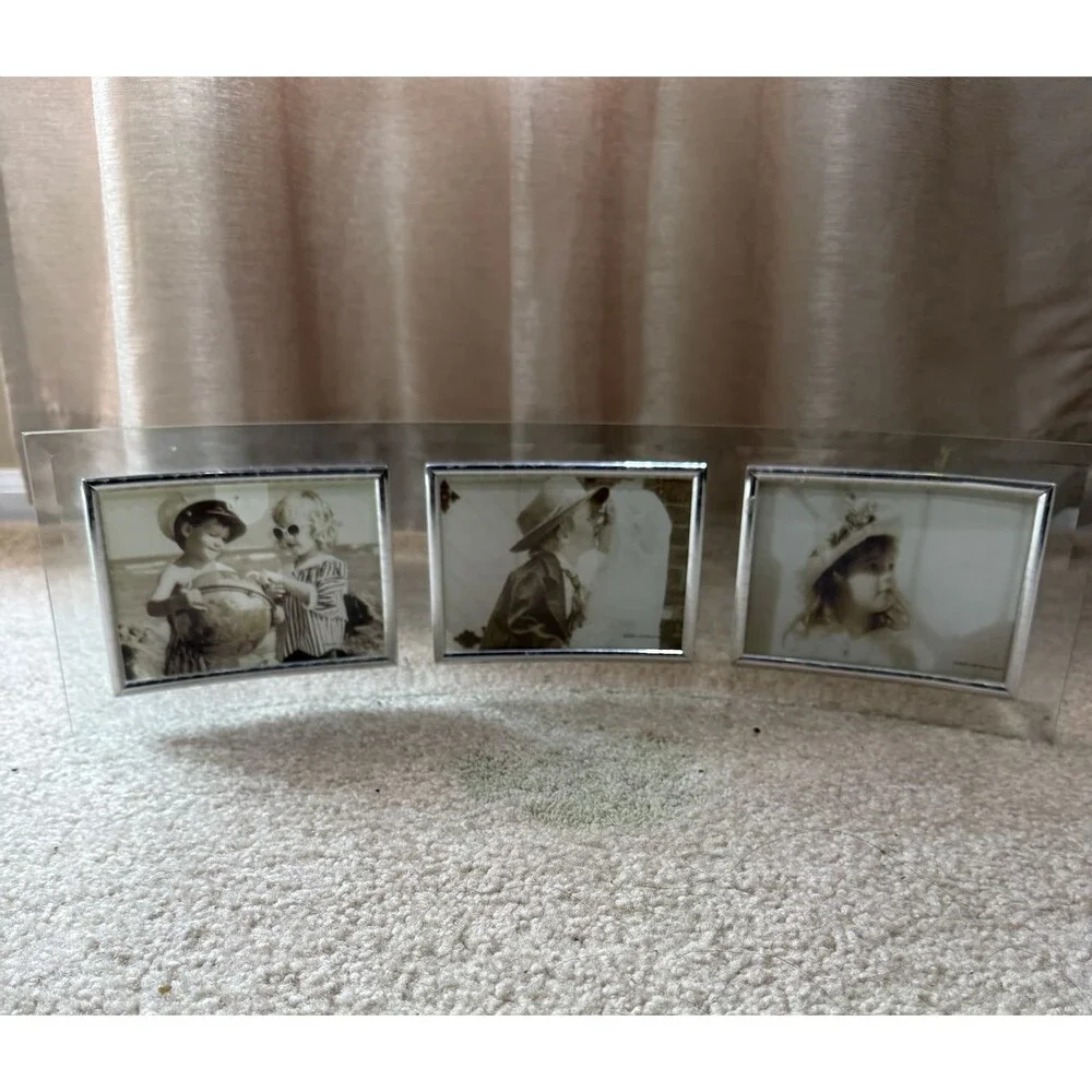 Curved Glass Triple Picture Frame 3 Photo Beveled Silver Desk Mantel Holder Bent